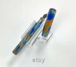Acrylic Fountain Pen Deep Blue and Gold Swirls Acrylic See Video Bespoke Kitless Fountain Pen 002BSD