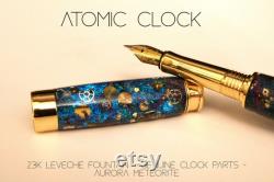 Atomic Clock Fountain Pen, Galaxy Art, Real Clock parts, Opal Premium hand-made ,Rollerball, Aurora Nebula glow, 23k Gold Nib