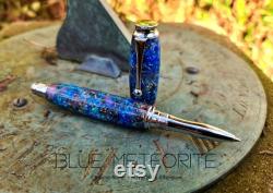 Blue Meteorite Galaxy, Authentic elements, Moldavite, Premium hand-made parts, Fountain pen, Rollerball, Aurora Nebula glow, 23k Gold Nib