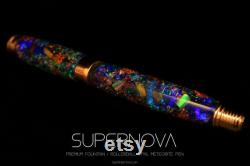 Blue Meteorite Galaxy, Authentic elements, Moldavite, Premium hand-made parts, Fountain pen, Rollerball, Aurora Nebula glow, 23k Gold Nib