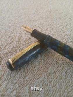 Burnham Rare Blue Agate 1930's English Vintage Fountain Pen MFS 3 (softer flex) light flex to 1.3mm (322)