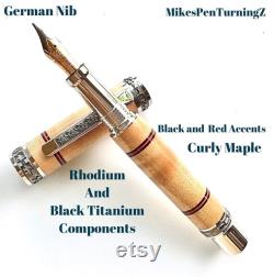 Custom Wooden Fountain Pen Beautiful Curly Maple with black and red rings Rhodium Emperor Hardware 864FPW