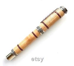 Custom Wooden Fountain Pen Beautiful Curly Maple with black and red rings Rhodium Emperor Hardware 864FPW