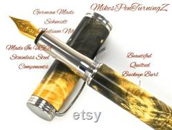 Custom Wooden Fountain Pen Buckeye Burl Made In USA Stainless Steel Hardware hardware Stock 708FPSSB