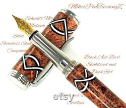 Custom Wooden Fountain Pen Dyed Red Black Ash Burl Black and White Scallops Stainless Steel Hardware 722FPSSF