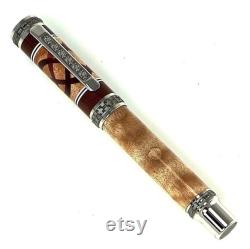 Custom Wooden Fountain Pen Quilted Maple Bloodwood Knot White and Black Segments Rhodium and Black Titanium hardware 713FPXLB