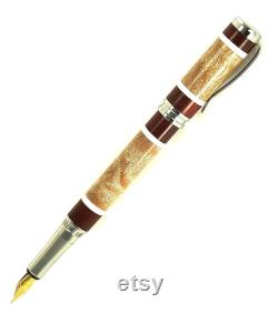 Custom Wooden Fountain Pen Quilted Maple with Red Heart and White Segments Made in USA Stainless Steel Hardware Stock 702FPSSA