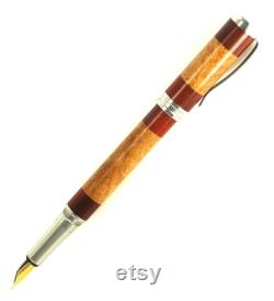 Custom Wooden Fountain Pen Yellow Box Burl with Red Heart Segments Made In USA Stainless Steel Hardware Stock 699FPSSF