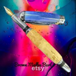 Fountain Pen, Chrome Sedona, Brown Mallee Burl and custom Resin Blend. designer hand made pen, sparkling Resin, ideal gift for any occasion