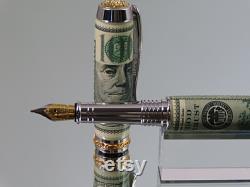 Fountain Pen, Handmade Acrylic Pen in Rhodium and 22k with Money Bank in Acrylic