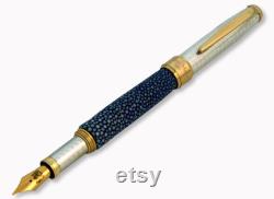 Fountain Pen Ocean Blue Stingray Leather and Sterling Silver 925 Handmade in Italy Galuchat pen Medium Other Nib sizes