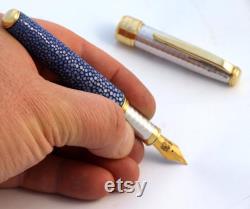 Fountain Pen Ocean Blue Stingray Leather and Sterling Silver 925 Handmade in Italy Galuchat pen Medium Other Nib sizes
