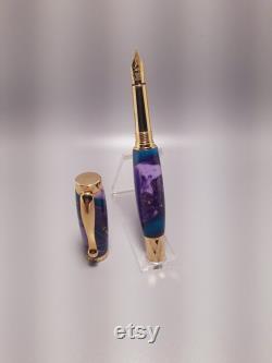 Fountain Pen Purple and Teal resin with brass shavings Gold Plated hardware hexagon highlights on top and bottom with circles around center