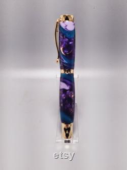 Fountain Pen Purple and Teal resin with brass shavings Gold Plated hardware hexagon highlights on top and bottom with circles around center