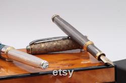 Fountain Pen Sterling Silver Sustainable Genuine Leather Handmade in Italy Golden Brown