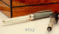 Fountain Pen Sterling Silver Sustainable Genuine Leather Handmade in Italy Grey and Rose