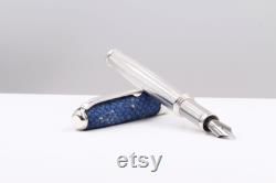 Fountain Pen Sterling Silver Sustainable Genuine Leather Handmade in Italy Navy Blue