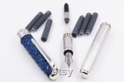 Fountain Pen Sterling Silver Sustainable Genuine Leather Handmade in Italy Navy Blue