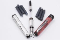 Fountain Pen Sterling Silver Sustainable Genuine Leather Handmade in Italy Red and Black