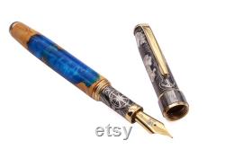 Fountain Pen Unknown Land Handmade Oxidized Sterling Silver Resin and Wood Body