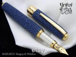 Fountain pen Handmade Ocean Blue Genuine Stingray Leather Galuchat Silver Grip Reserved for Elliott
