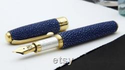 Fountain pen Handmade Ocean Blue Genuine Stingray Leather Galuchat Sterling Silver Grip