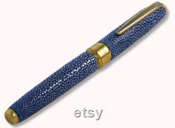 Fountain pen Handmade Ocean Blue Genuine Stingray Leather Galuchat Sterling Silver Grip