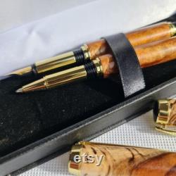 Gold Fountain Pen and Rollerball Set. X CUT BLACKWOOD stunning natural grain Timber, Bespoke PenS, Rare timber, giftboxed in leather case.