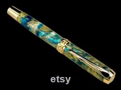 Gold Handmade Fountain Pen, Luxury, Acrylic, One of a Kind, Handmade in Colorado. Ink, Converter, Sleeve, and Box Included. By Highlander Pen.