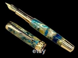 Gold Handmade Fountain Pen, Luxury, Acrylic, One of a Kind, Handmade in Colorado. Ink, Converter, Sleeve, and Box Included. By Highlander Pen.