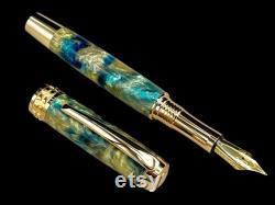 Gold Handmade Fountain Pen, Luxury, Acrylic, One of a Kind, Handmade in Colorado. Ink, Converter, Sleeve, and Box Included. By Highlander Pen.