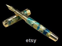 Gold Handmade Fountain Pen, Luxury, Acrylic, One of a Kind, Handmade in Colorado. Ink, Converter, Sleeve, and Box Included. By Highlander Pen.