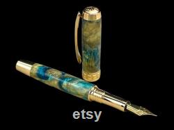 Gold Handmade Fountain Pen, Luxury, Acrylic, One of a Kind, Handmade in Colorado. Ink, Converter, Sleeve, and Box Included. By Highlander Pen.