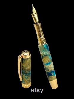 Gold Handmade Fountain Pen, Luxury, Acrylic, One of a Kind, Handmade in Colorado. Ink, Converter, Sleeve, and Box Included. By Highlander Pen.