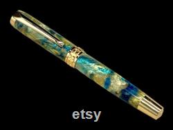 Gold Handmade Fountain Pen, Luxury, Acrylic, One of a Kind, Handmade in Colorado. Ink, Converter, Sleeve, and Box Included. By Highlander Pen.