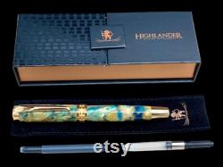 Gold Handmade Fountain Pen, Luxury, Acrylic, One of a Kind, Handmade in Colorado. Ink, Converter, Sleeve, and Box Included. By Highlander Pen.