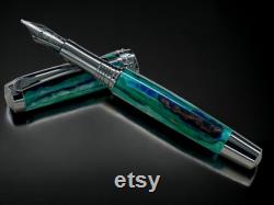 Green Stripe, One of a Kind Black Titanium Handmade Fountain Pen. Artisan Rare and Completely Custom, Handcrafted in Colorado, USA.
