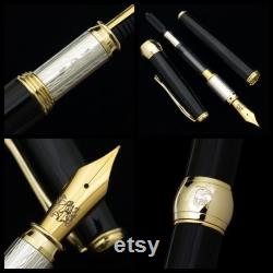 Handcrafted Fountain Pen Classic Black Resin and Silver 925 Grip Made in Italy