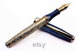 Handcrafted Fountain Pen Klimt Tree of Life Golden Sterling Silver Body Italy