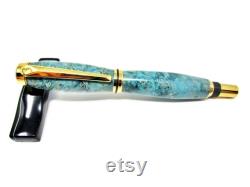 Handmade Baron Stabilized Turquoise Dyed Box Elder Burl Fountain Pen with Titanium Gold Plating