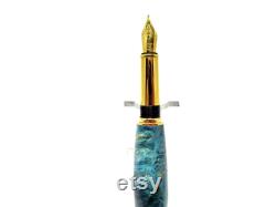 Handmade Baron Stabilized Turquoise Dyed Box Elder Burl Fountain Pen with Titanium Gold Plating