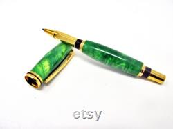 Handmade Electric Green Baron Rollerball Pen with Titanium Gold Plating