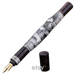 Handmade Picasso 14k Dream Fountain Pen, Medium Nib with Gift Box, Gray Metal , Gray Celluloid Collection Vintage Pen