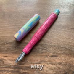 Handmade Pink Sapphire Radiance Diamondcast Fountain Pen with a Unicorn colour Cap and finial