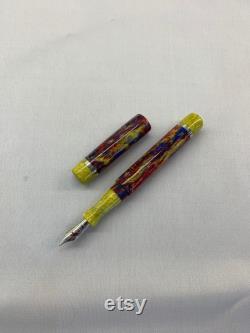 Handmade 'Scarlet Macaw' Fountain Pen with yellow finials and nickel silver accents