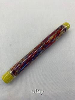 Handmade 'Scarlet Macaw' Fountain Pen with yellow finials and nickel silver accents