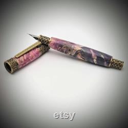 Handmade antique brass Celtic fountain pen made from double dyed maple burl rare product