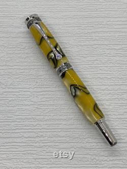 Handmade roller ball Majestic JR pen with cap. Made with a yellow and black lines acrylic. Chrome and black TN rhodium finish
