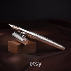 HongDian 1845 14K Gold Fountain Pen, 925 Silver Matte Pen Body, 14K Gold Fine Nib Classic Pen, Wood Gift Box