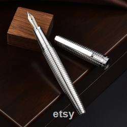 HongDian 1845 14K Gold Fountain Pen, 925 Silver Matte Pen Body, 14K Gold Fine Nib Classic Pen, Wood Gift Box